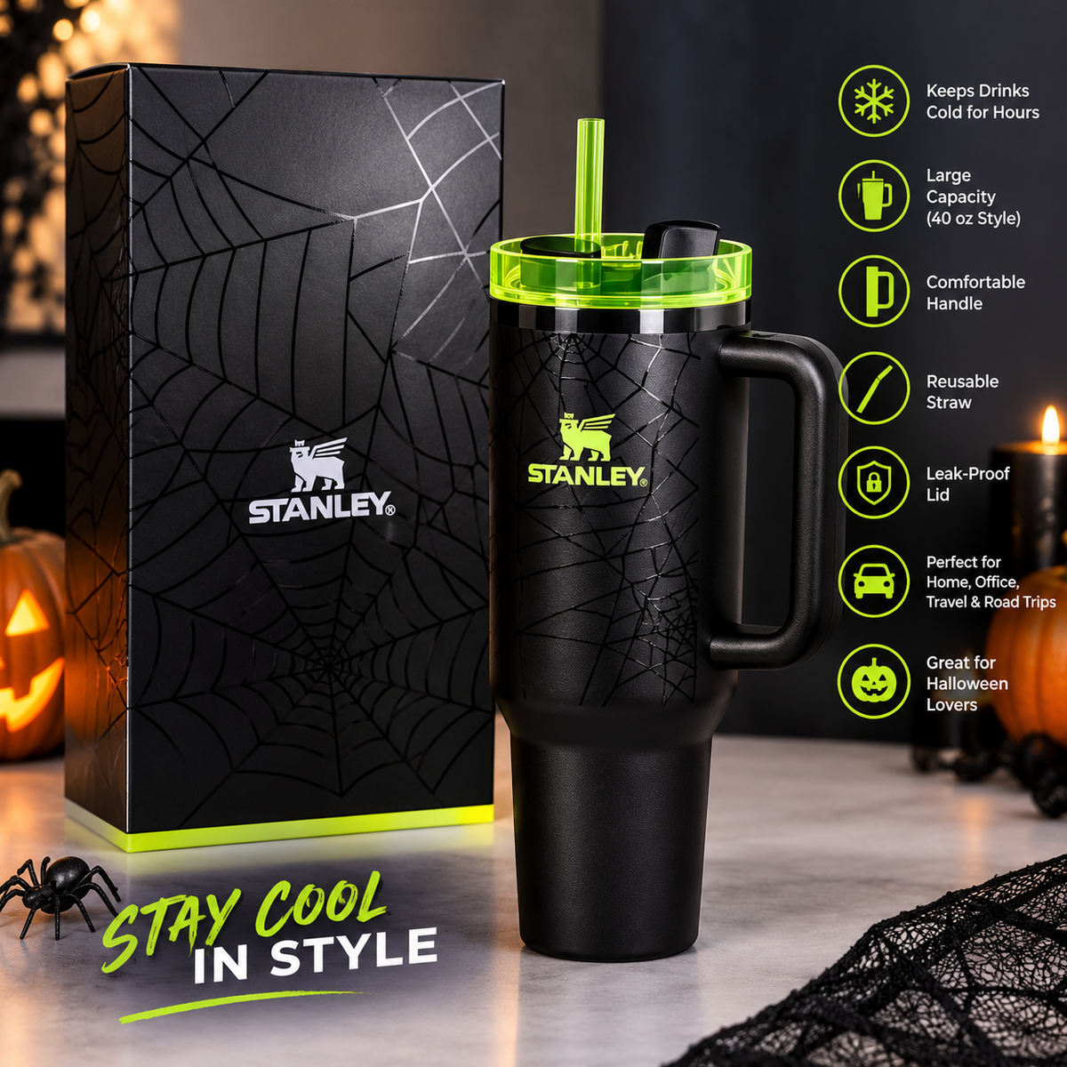 Stanley Halloween Web Glow H2.0 FlowState Tumbler 40oz Limited Edition New Free Shipping